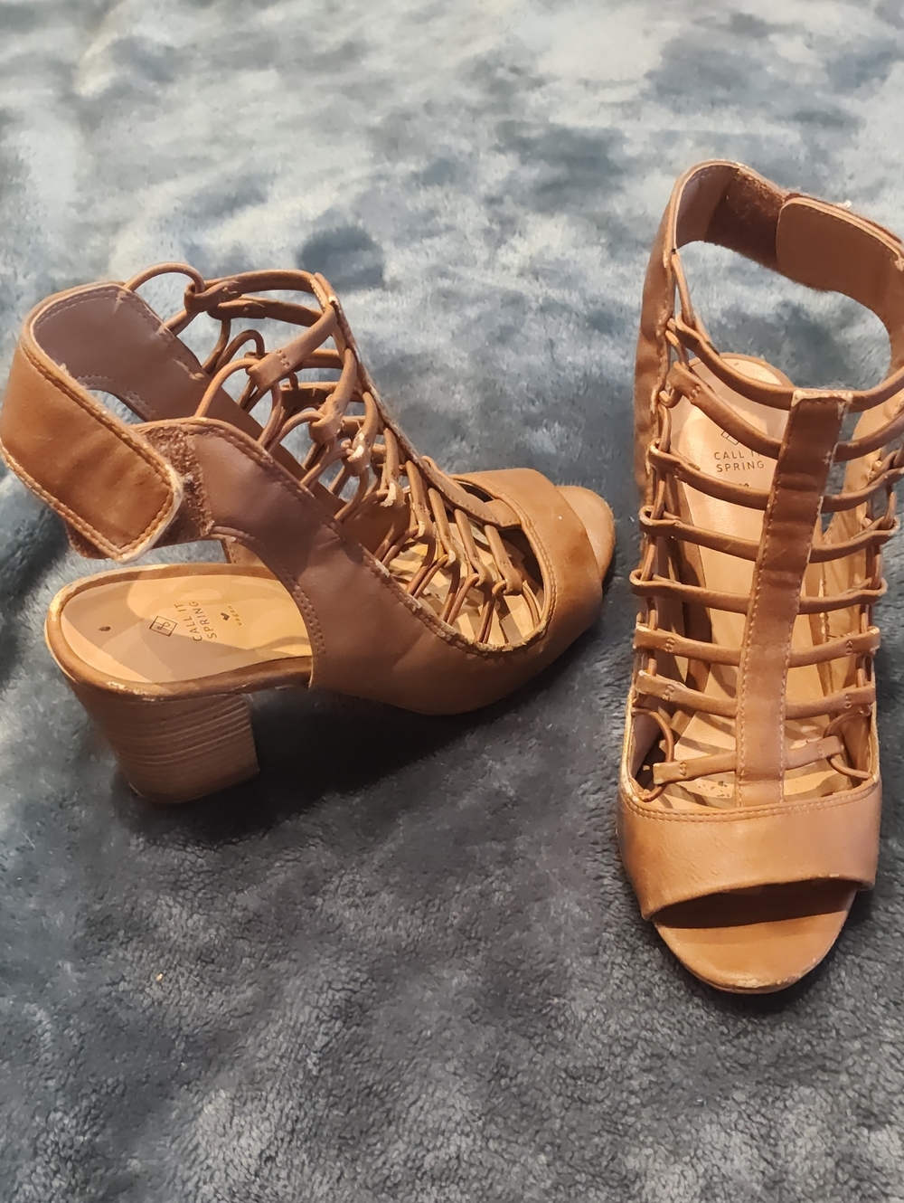 Call It Spring Tan Caged Lace-Up Block Heel Sandals